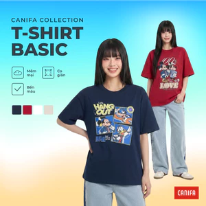 Áo thun ngắn tay unisex người lớn cổ tròn chất liệu thoáng mát in họa tiết CANIFA 5TS26S006
