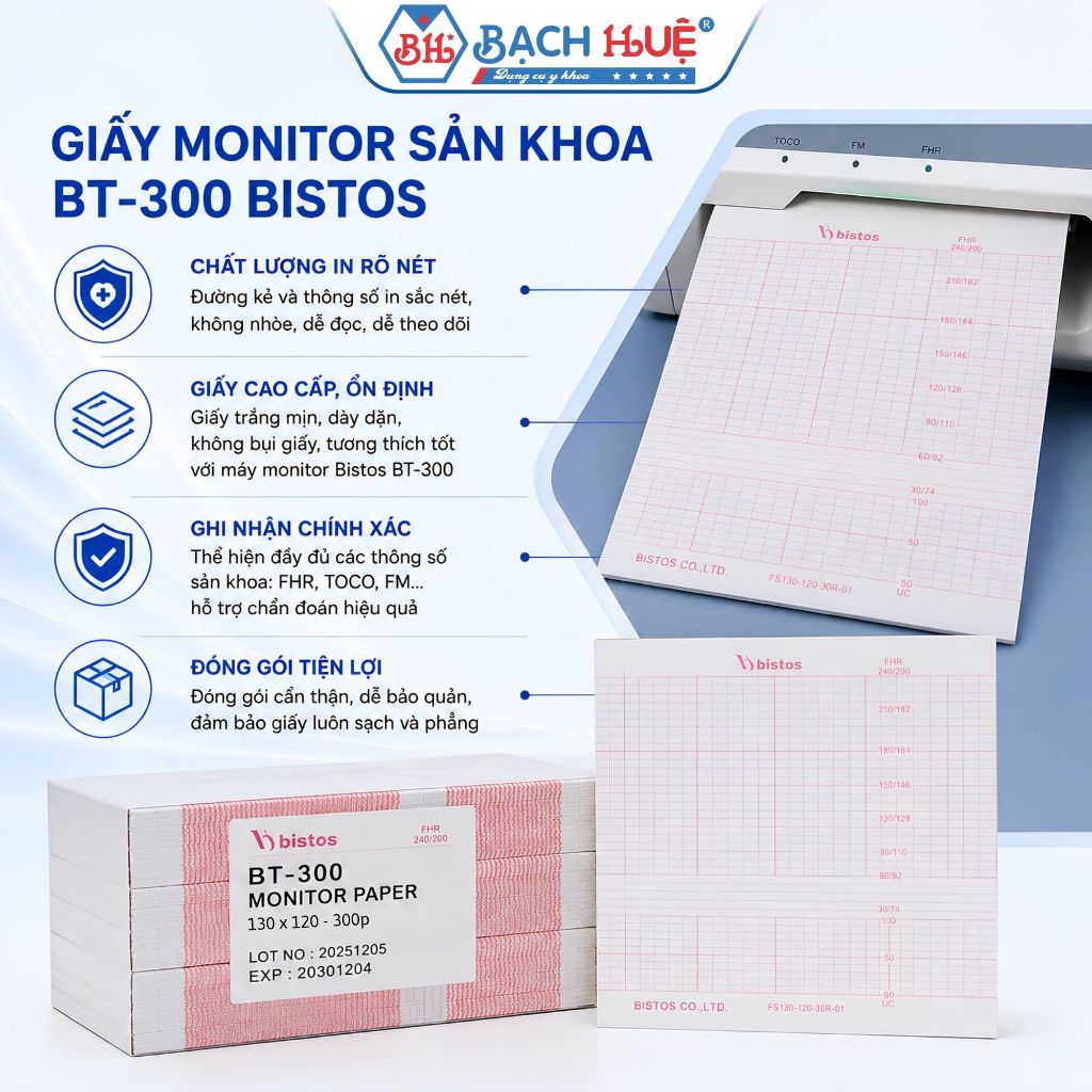 Giấy Monitor Sản Khoa BT-300 Bistos Cao Cấp–giấy in theo dõi tim thai, cơn co tử cung chuẩn khớp máy