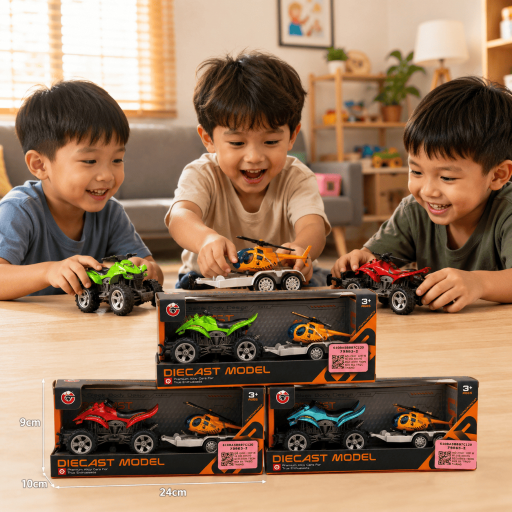 Xe Mô Tô Địa Hình Kéo Rơ Moóc Chở Trực Thăng Cho Bé, Xe Đồ Chơi Hợp Kim Diecast