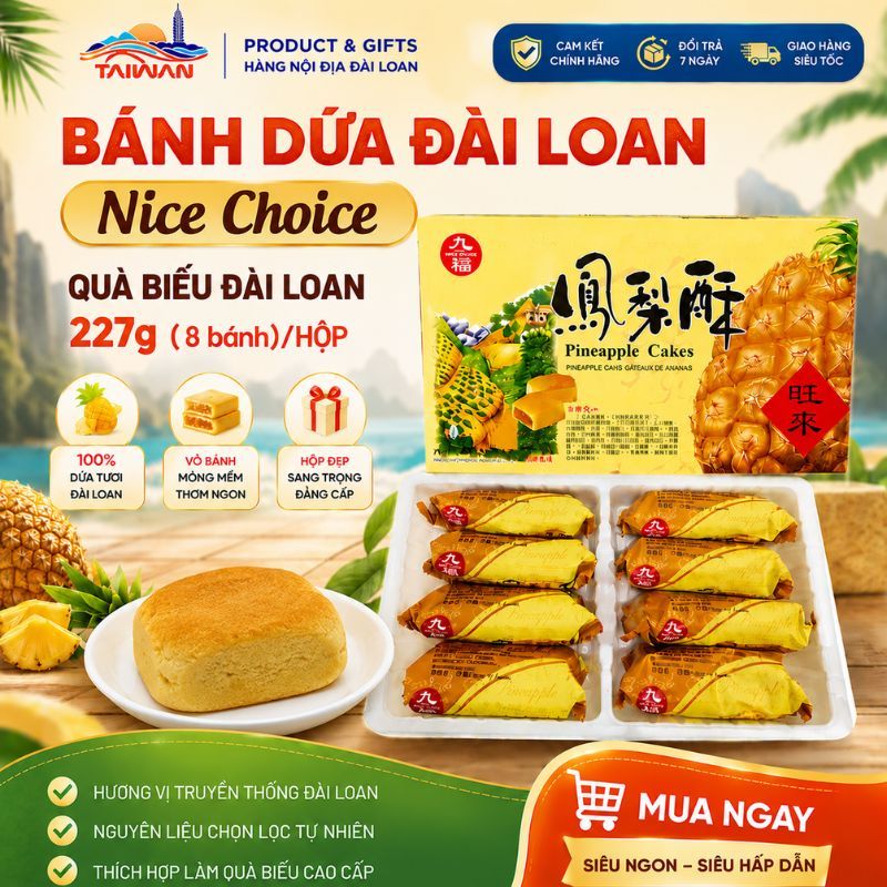 Hộp Bánh Dứa Đài Loan Jiu Fu Nice Choice, 227g / 8bánh, Nướng nhân dứa thơm mềm, Quà biếu Đài Loan