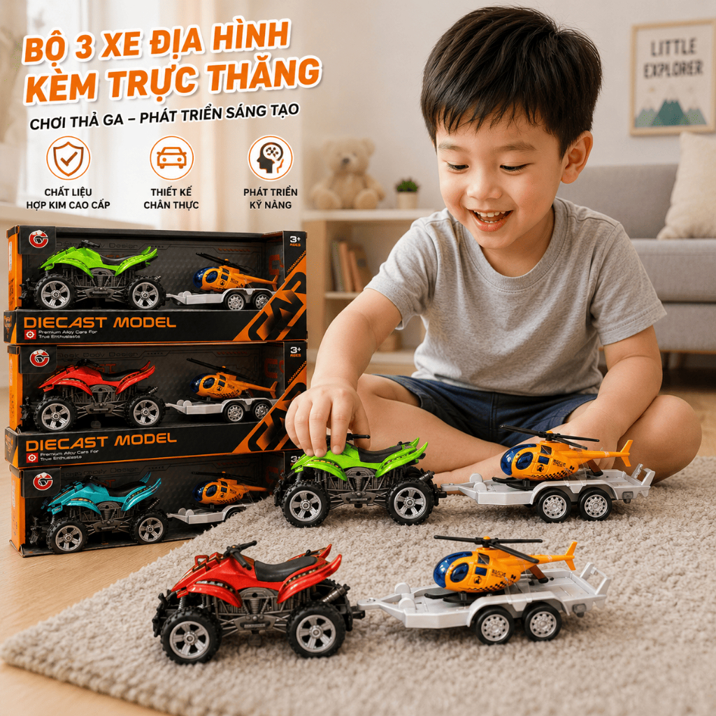 Xe Mô Tô Địa Hình Kéo Rơ Moóc Chở Trực Thăng Cho Bé, Xe Đồ Chơi Hợp Kim Diecast