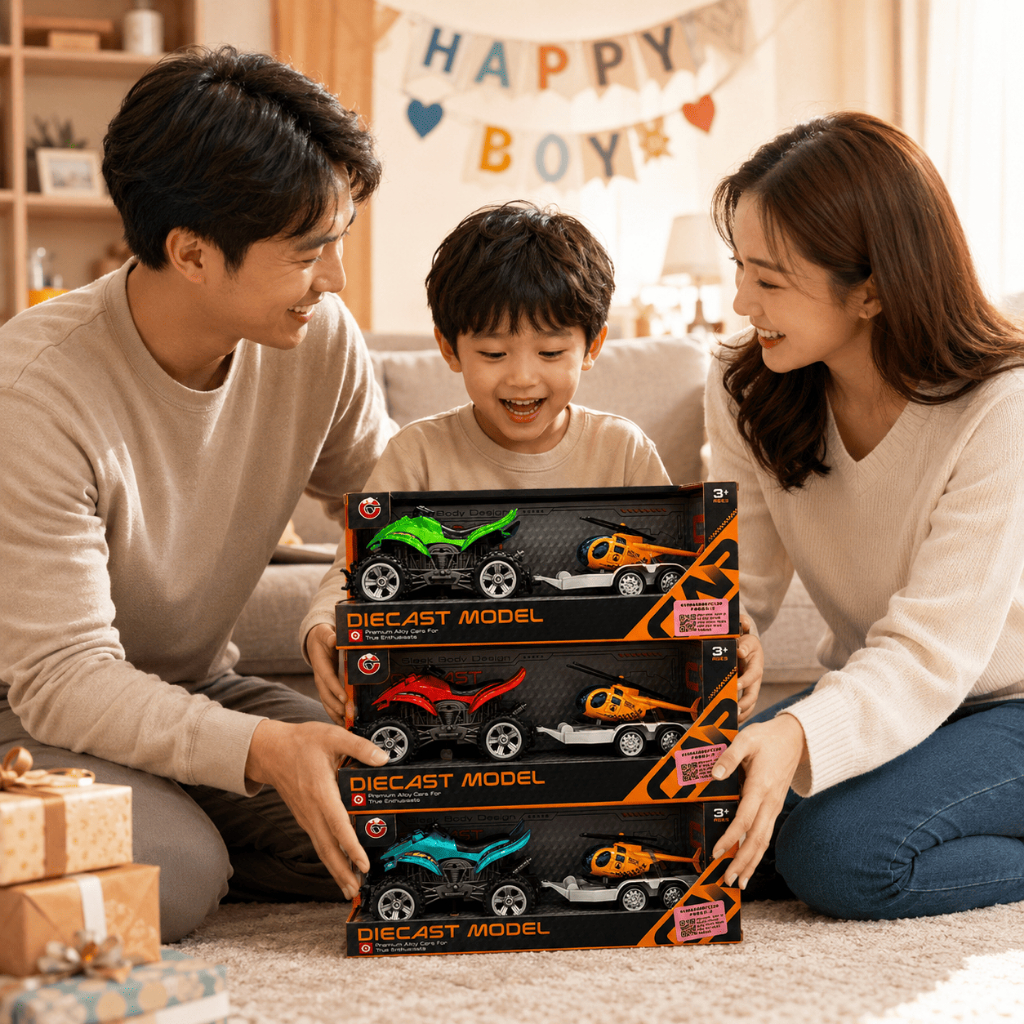 Xe Mô Tô Địa Hình Kéo Rơ Moóc Chở Trực Thăng Cho Bé, Xe Đồ Chơi Hợp Kim Diecast