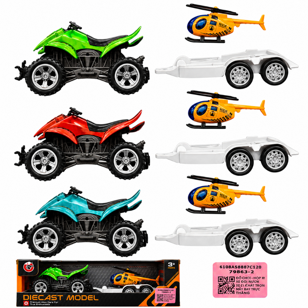 Xe Mô Tô Địa Hình Kéo Rơ Moóc Chở Trực Thăng Cho Bé, Xe Đồ Chơi Hợp Kim Diecast