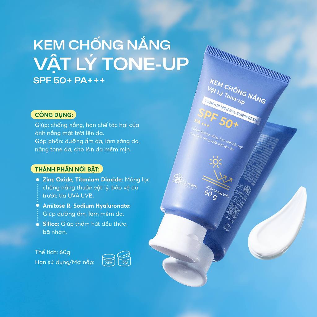 Kem Chống Nắng Vật Lý Nâng Tông Tone Up SPF50 PA+++ Chống Nắng Dưỡng Sáng Bảo Vệ Da Cho Da Nhạy Cảm Cỏ Mềm 60g