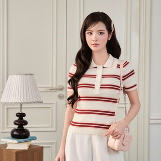Áo len nữ cổ polo phối viền kẻ ngang tinh tế dáng thanh lịch mặc mùa hè PL310 DELIZ 300G