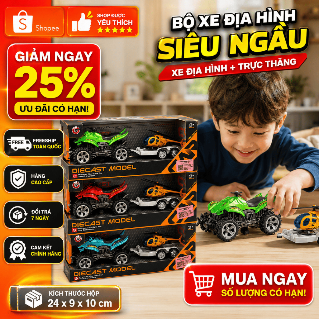 Xe Mô Tô Địa Hình Kéo Rơ Moóc Chở Trực Thăng Cho Bé, Xe Đồ Chơi Hợp Kim Diecast