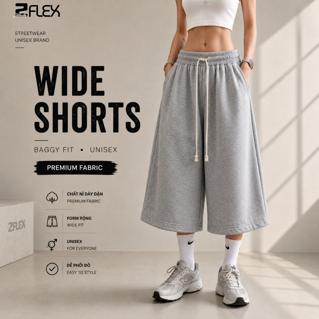 Quần short nỉ 2 Da Zflex QZG23 Ống Rộng Phom Nam, Nữ Basic Chất Nỉ Quảng Châu Dày Mịn