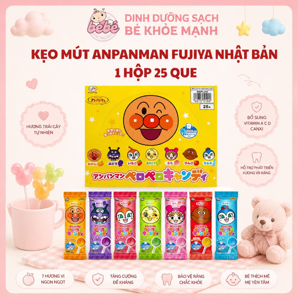 Kẹo Mút Chú Hề Trái Cây Anpanman Fujiya Nhật Bản. Kẹo Apaman Đủ Vị Hộp 25 Cây