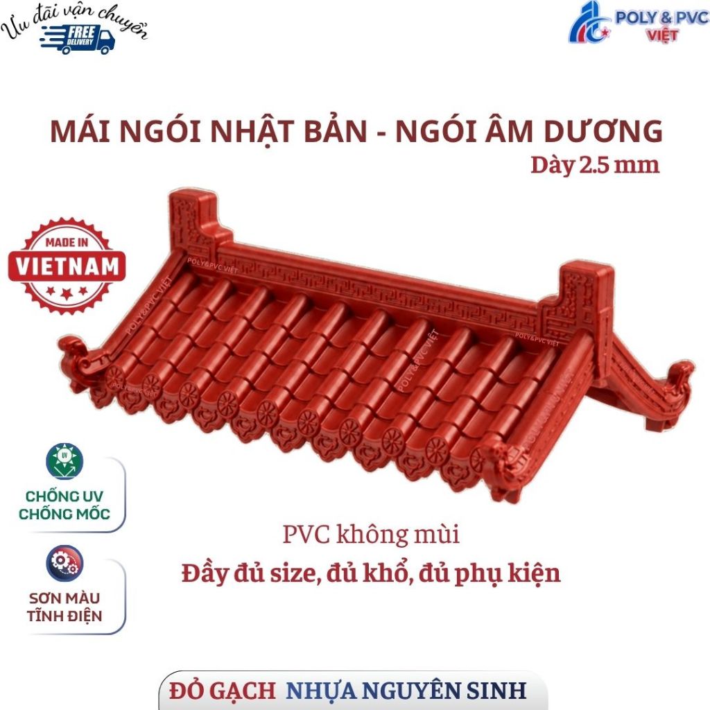 [Màu ĐỎ + đủ size] Ngói nhựa âm dương Nhật loại dày, đủ phụ kiện -  PVC nguyên sinh không mùi
