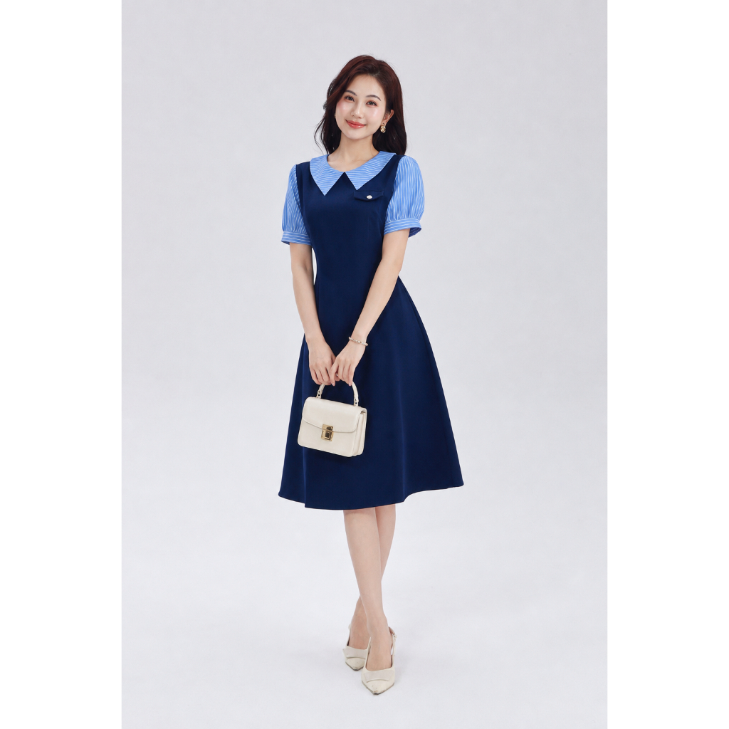 Đầm Nữ Dáng A Xòe GUMAC Phối Cổ Bẻ Sọc Xanh Tiểu Thư Thanh Lịch LDF0904