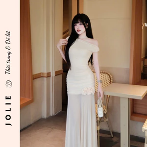Đầm Trễ Vai Nữ Dáng Dài Ôm Body Phối Voan Đính Hoa JOLIE