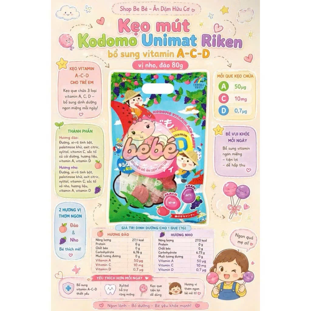 Kẹo Mút Kodomo IQ & CA & Vitamin Nhật Bản Cho Bé. Gói 10 Que