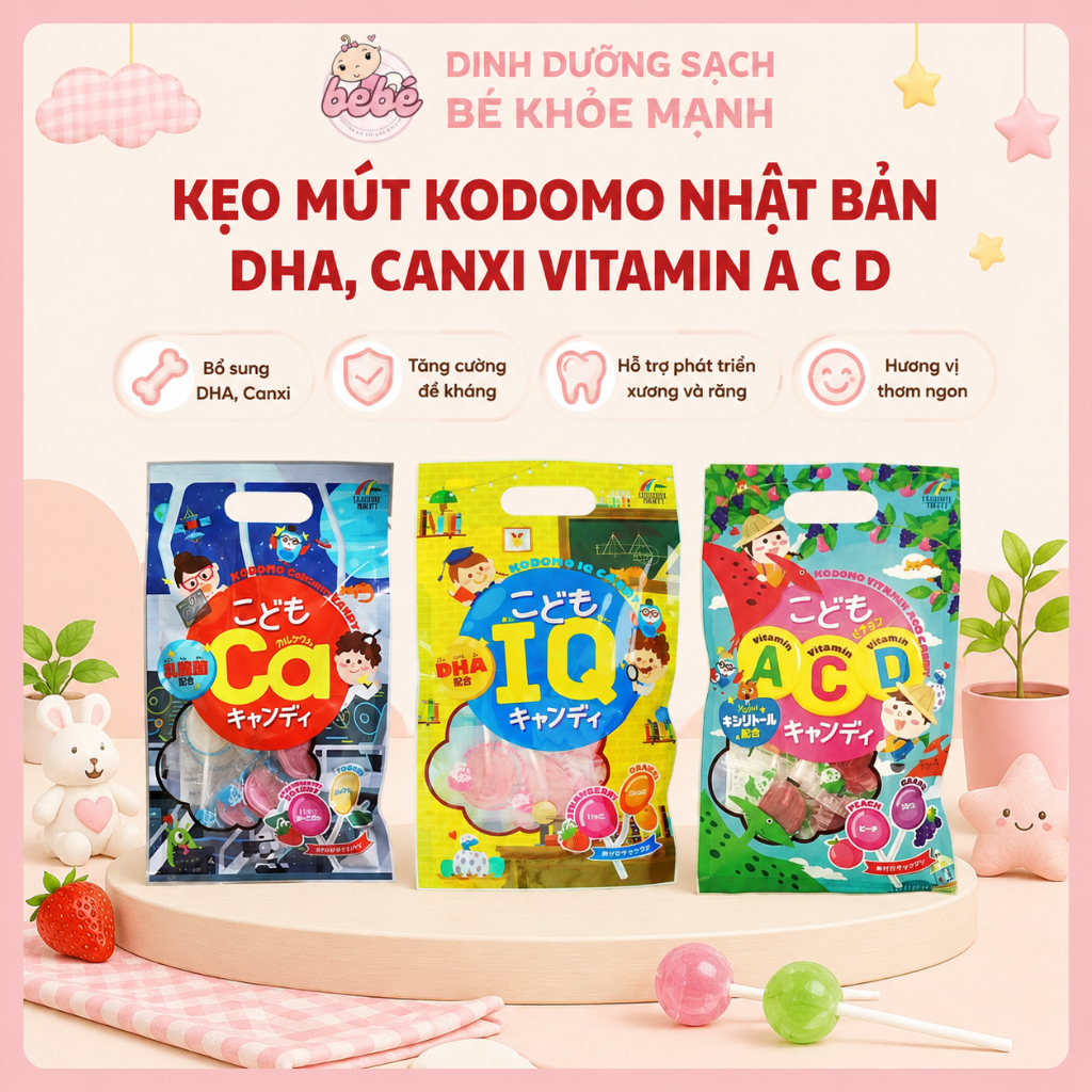 Kẹo Mút Kodomo IQ & CA & Vitamin Nhật Bản Cho Bé. Gói 10 Que