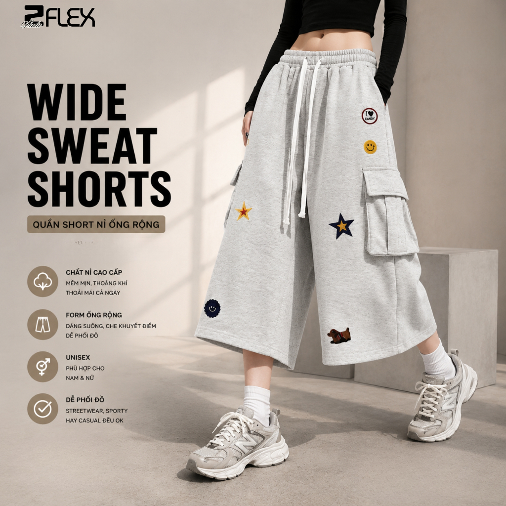 Quần Short Nỉ Form Rộng Unisex Nam Nữ Zflex QZG32 Họa Tiết Basic Chất Dày Mịn