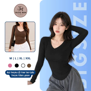 Áo Thun Bigsize CỔ TIM TAY DÀI (MS 217), Chất Tăm Lạnh Co Giãn Thoải Mái, Ôm Body Size Từ 40-85 Kg