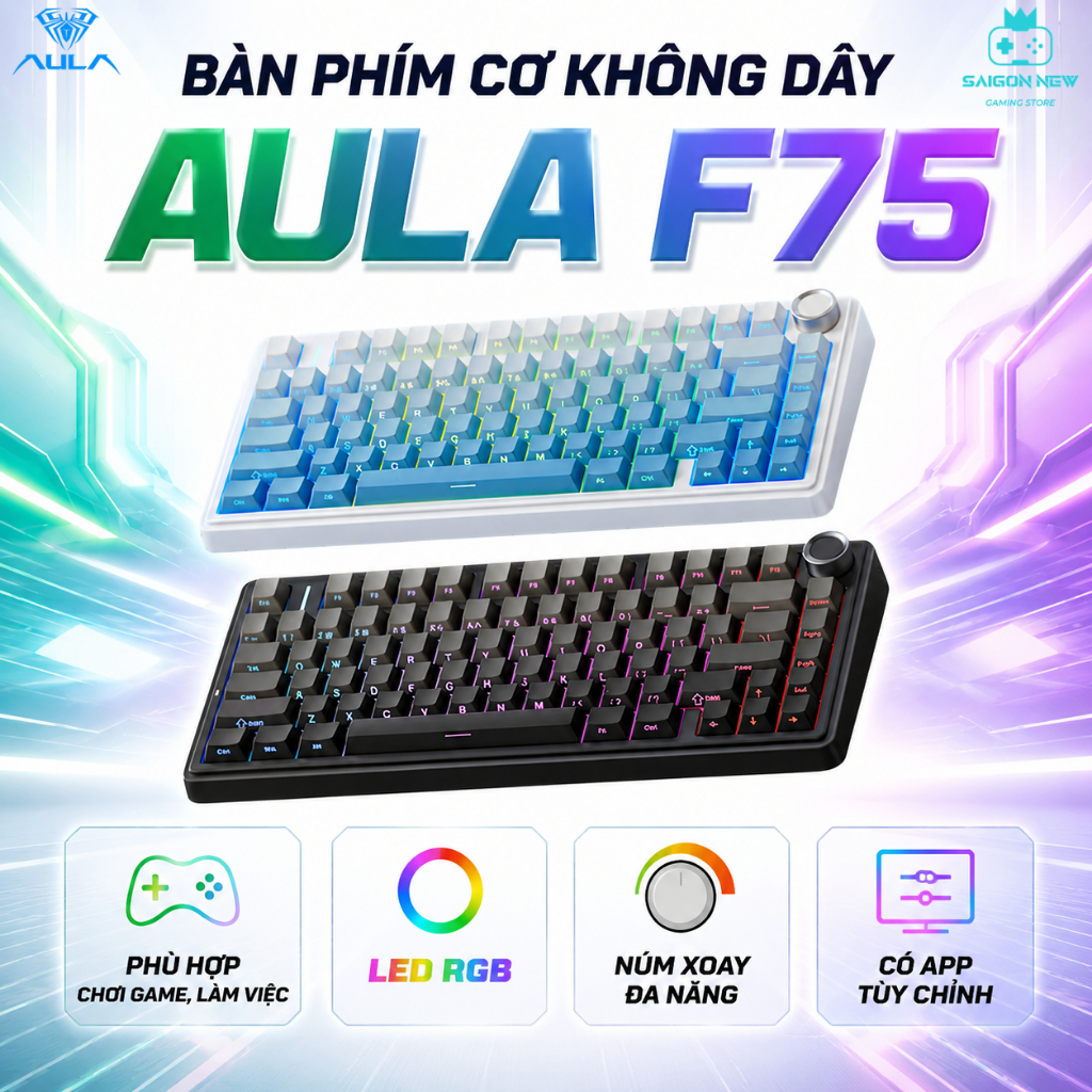 Bàn phím cơ không dây Aula F75 Pro – Kết nối bluetooth, Có núm xoay – Layout 75%, LED RGB – Dùng cho PC, laptop