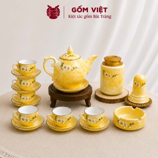 Bộ ấm chén vân đá dáng bưởi lửa vẽ nổi thủ công cành mận, sen trắng - Gốm sứ Bát Tràng - Gốm Việt