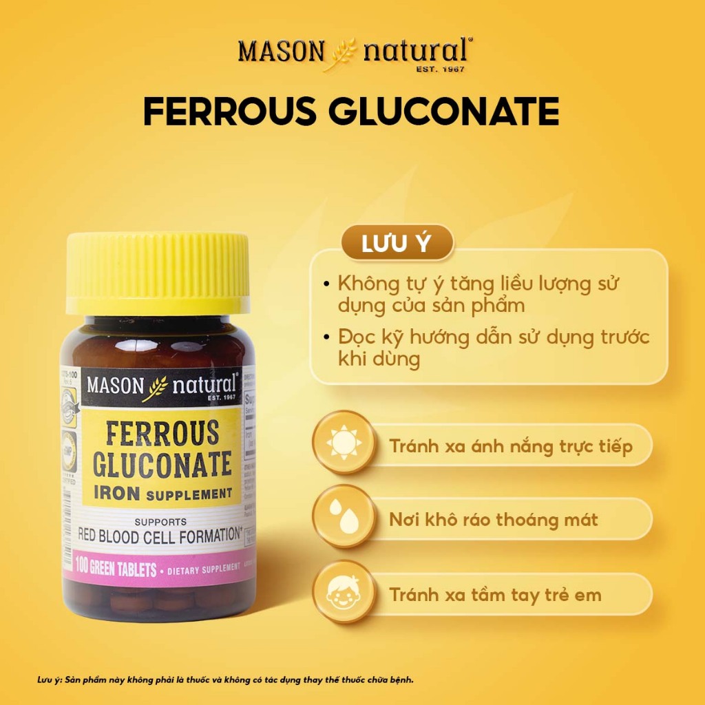 Viên Uống Sắt Cho Bà Bầu MASON NATURAL Ferrouse Gluconate Giúp Bổ Máu, Tăng Tế Bào Hồng Cầu, Không Tanh - 50/100 Viên