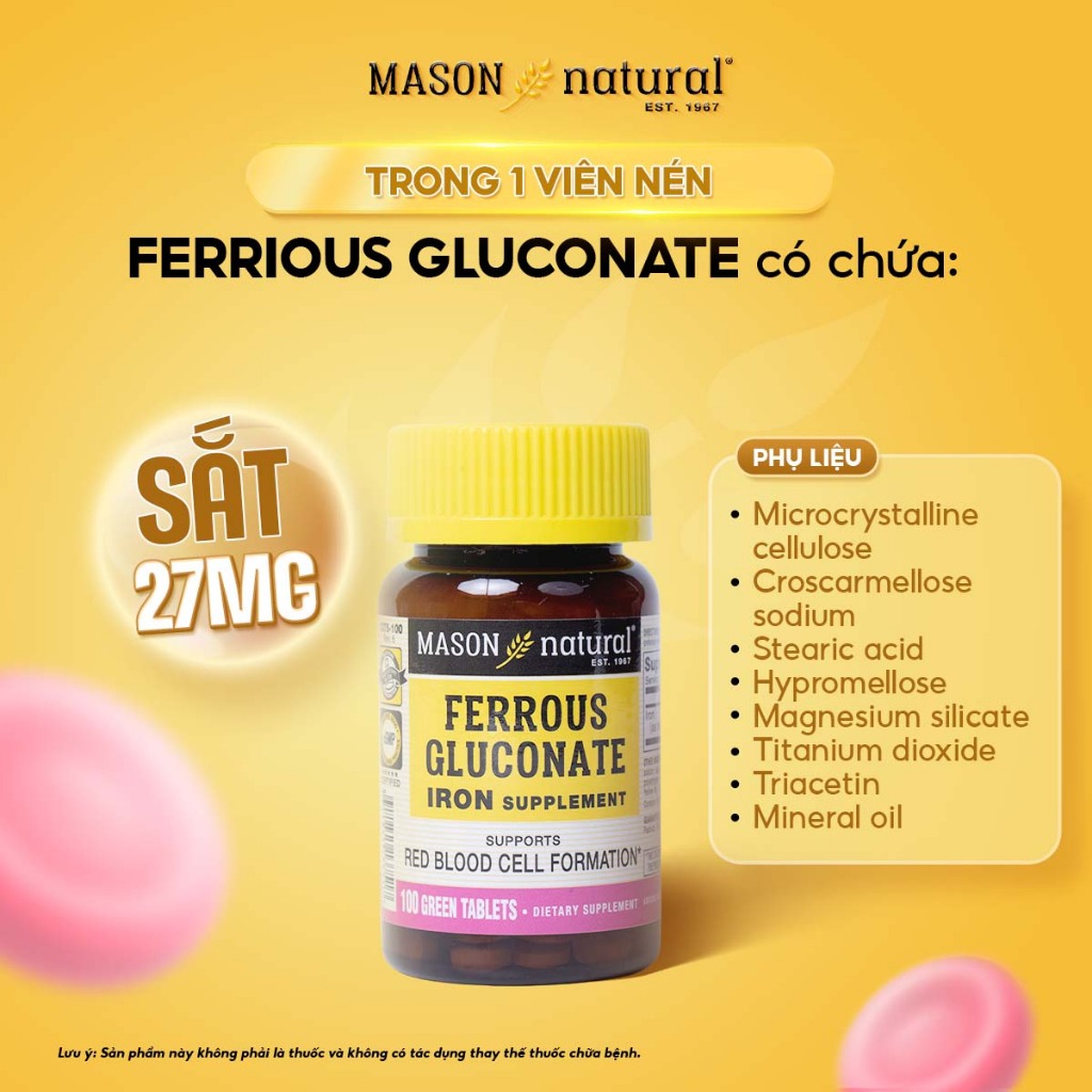 Viên Uống Sắt Cho Bà Bầu MASON NATURAL Ferrouse Gluconate Giúp Bổ Máu, Tăng Tế Bào Hồng Cầu, Không Tanh - 50/100 Viên