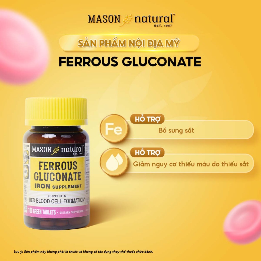 Viên Uống Sắt Cho Bà Bầu MASON NATURAL Ferrouse Gluconate Giúp Bổ Máu, Tăng Tế Bào Hồng Cầu, Không Tanh - 50/100 Viên