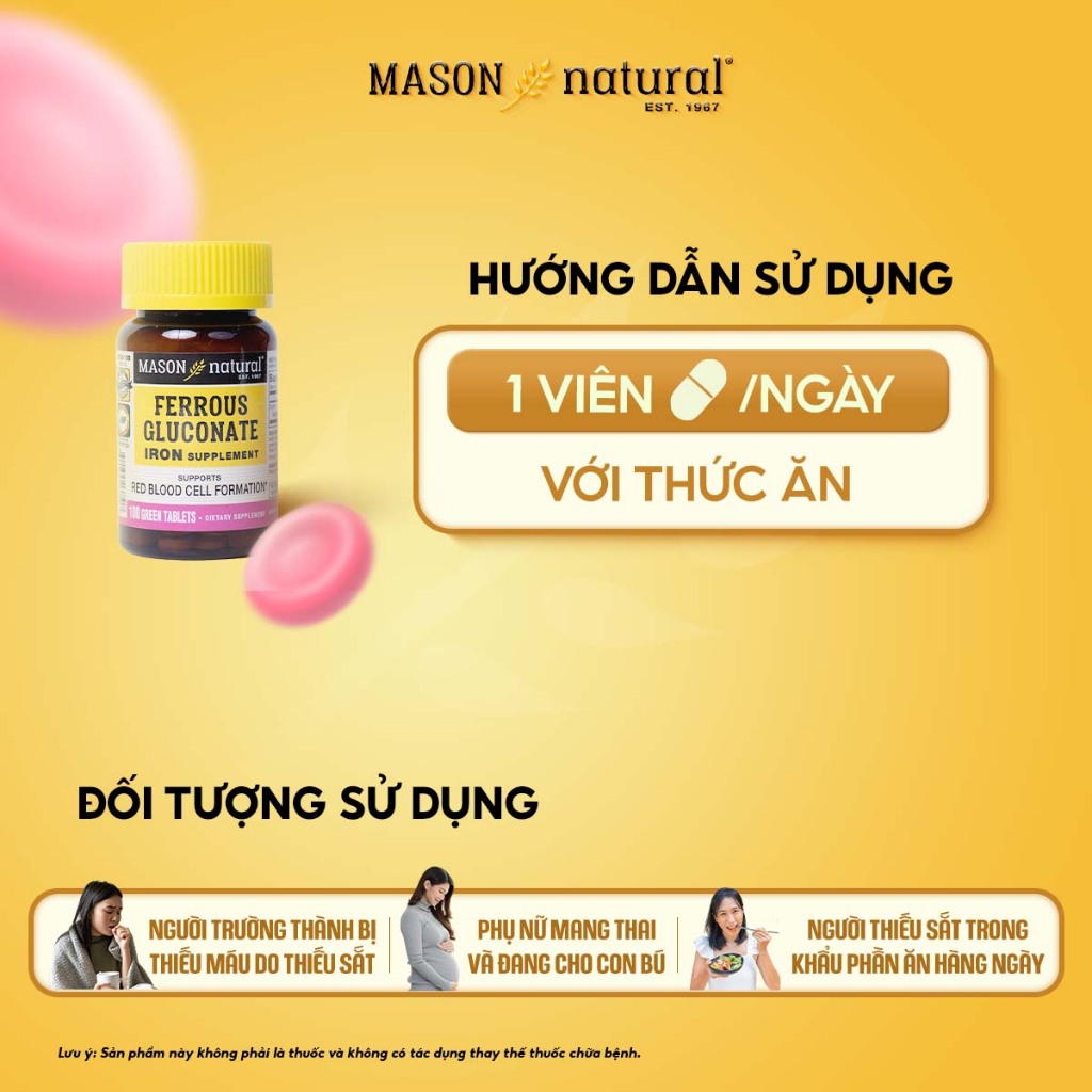 Viên Uống Sắt Cho Bà Bầu MASON NATURAL Ferrouse Gluconate Giúp Bổ Máu, Tăng Tế Bào Hồng Cầu, Không Tanh - 50/100 Viên