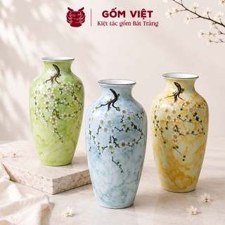 Bình, lọ hoa vân đá cao 30cm vẽ nổi cành mậm, vành miệng chỉ vàng - Gốm sứ Bát Tràng - Gốm Việt