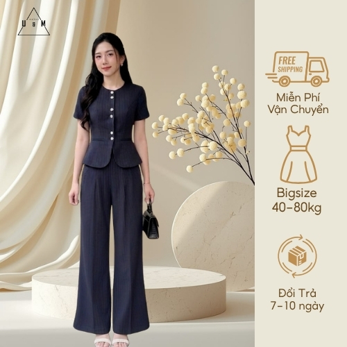 [BST Mới] Set nữ thiết kế U&M kiểu áo peplum phối quần suông kẻ sọc thanh lịch, đi làm, đi chơi (Set 16)