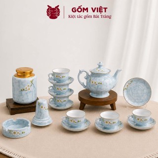 Bộ ấm chén vân đá dáng cát tường đắp nổi thủ công cành mậm cao cấp - Gốm sứ Bát Tràng - Gốm Việt
