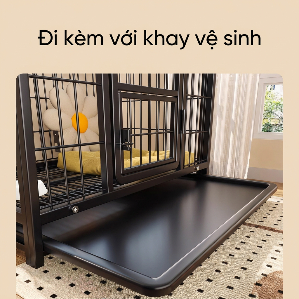 Lồng Chó Nan Ống Mạ Kẽm Chống Ẩm Mùa Mưa Thoáng Khí Có Bánh Xe Tặng Khay