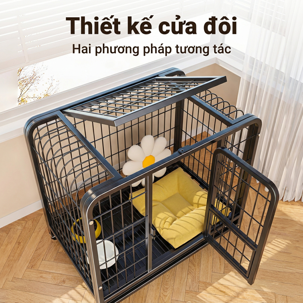 Lồng Chó Nan Ống Mạ Kẽm Chống Ẩm Mùa Mưa Thoáng Khí Có Bánh Xe Tặng Khay
