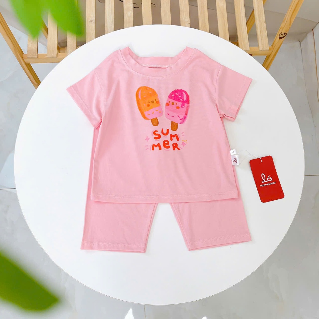 Bộ tay ngắn quần dài bé gái Lá Homewear ECO01, đồ ngủ cộc tay cho bé mềm mịn mát in hình summer