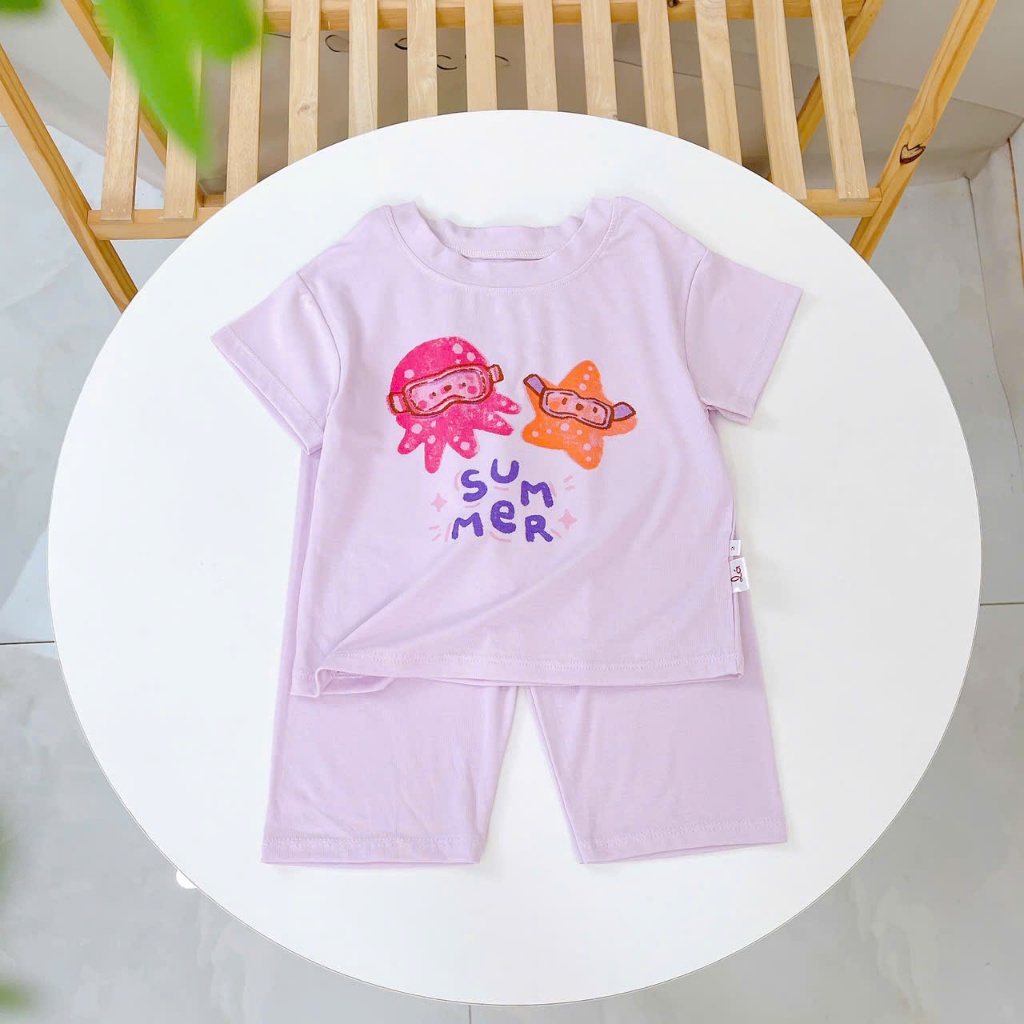 Bộ tay ngắn quần dài bé gái Lá Homewear ECO01, đồ ngủ cộc tay cho bé mềm mịn mát in hình summer