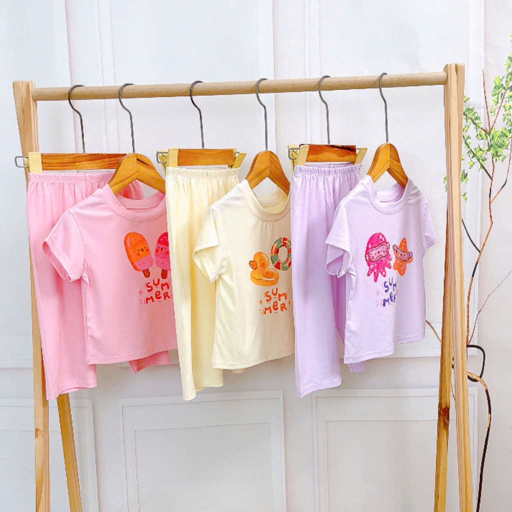Bộ tay ngắn quần dài bé gái Lá Homewear ECO01, đồ ngủ cộc tay cho bé mềm mịn mát in hình summer