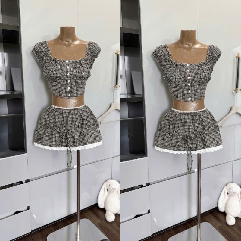 ZIMM STORE-Set bộ áo croptop cổ vuông tay ngắn kẻ caro phối chân váy ngắn