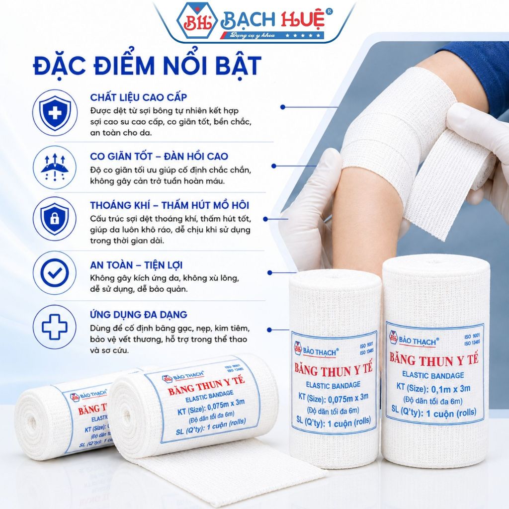 Combo 10 Cuộn Băng Thun Bảo Thạch Cao Cấp – Băng Thun Y Tế Cố Định Vết Thương, Băng Thun Cố Định