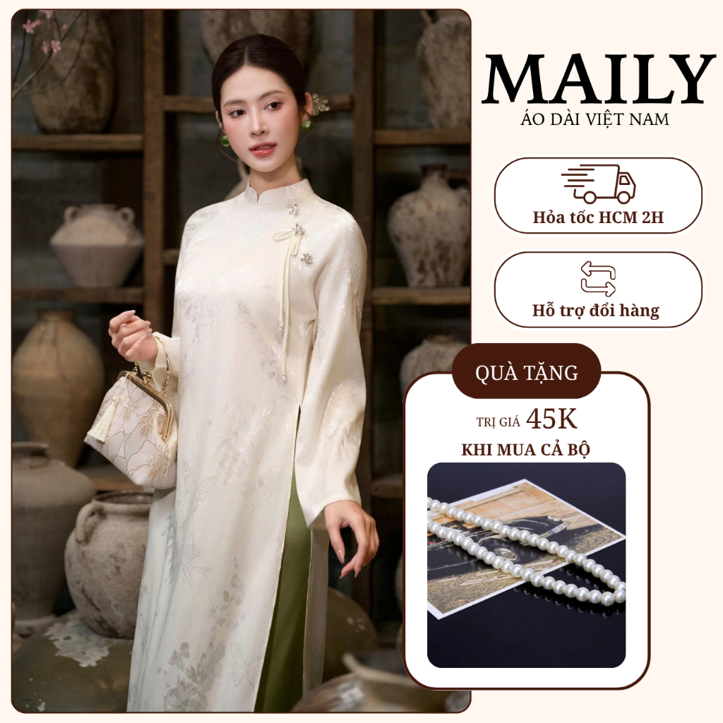 Áo Dài Thiên Điệp Chất Gấm Sang Trọng, Thiết Kế Cổ Cao Tay Dài Tay Loe Chiết Ly Sau Tôn Dáng - ÁO DÀI MAILY