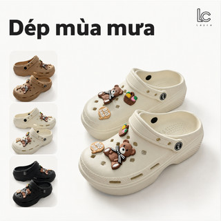 Dép đi mưa nữ mùa hè, dép xỏ ngón thoáng khí, gót dày thoải mái hàng ngày, trang trí hình gấu nhỏ dễ thương