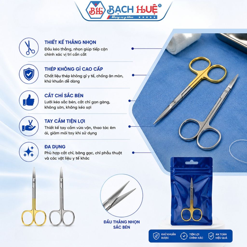 Kéo Cắt Chỉ 10cm Dáng Thẳng Nhọn Cán Vàng Và Cán Trắng – Kéo Y Tế Thẩm Mỹ Viện, Spa Nhỏ Gọn Siêu Sắc
