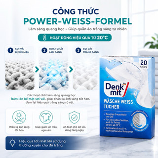 Giấy tẩy Trắng Quần Áo Denkmit Đức 20 Tờ – Giặt Đồ Trắng Sáng Hơn, Giảm Ố Vàng & Ngả Xám Sau Mỗi Lần Giặt
