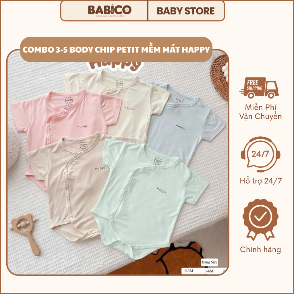 Combo 3 Bộ Body Chip Cộc Tay Sơ Sinh Happy  Chất Vải Petit Bamboo Thấm Hút, Co Giãn Tốt Cho Bé 3-9Kg