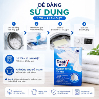Giấy tẩy Trắng Quần Áo Denkmit Đức 20 Tờ – Giặt Đồ Trắng Sáng Hơn, Giảm Ố Vàng & Ngả Xám Sau Mỗi Lần Giặt