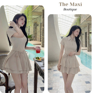 Set váy sơ mi 2 tầng cột nơ khoe eo nhẹ nhàng cao cấp