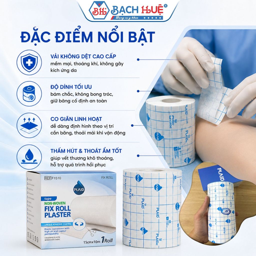 Băng Keo Fix- Roll Y Tế Vải Không Dệt PLAID– Băng Dính Cố Định Cuộn Co Giãn Thoáng Khí Cỡ 10cmx10m/15cmx10m