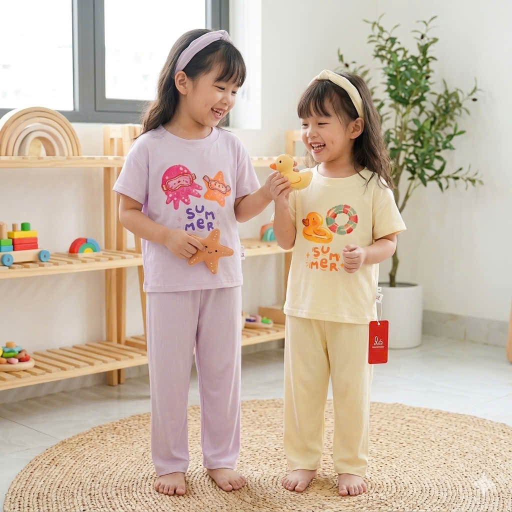 Bộ tay ngắn quần dài bé gái Lá Homewear ECO01, đồ ngủ cộc tay cho bé mềm mịn mát in hình summer