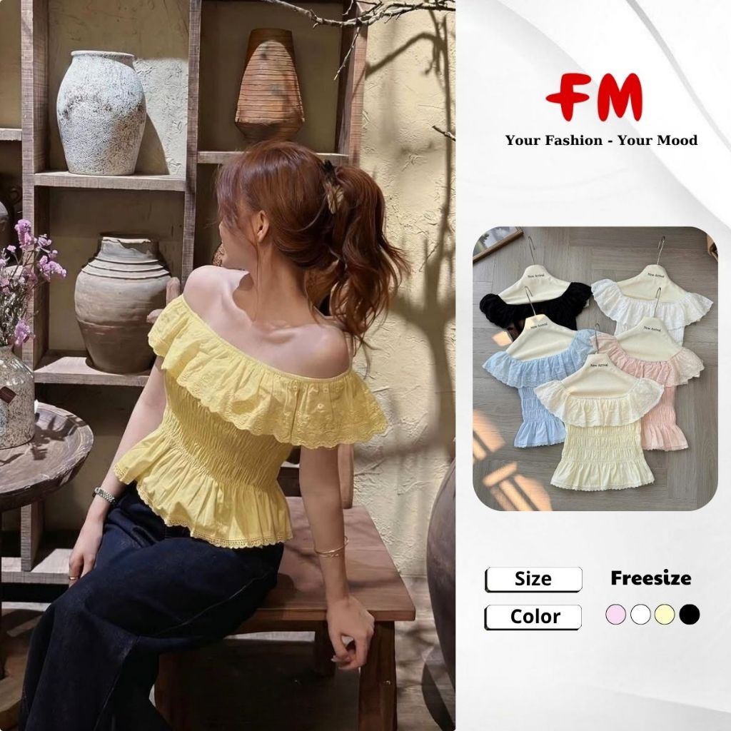 Áo Trễ Vai Nữ Viền Ren Nhún Eo FMSTYLE - Form Xinh Tôn Dáng 26051067