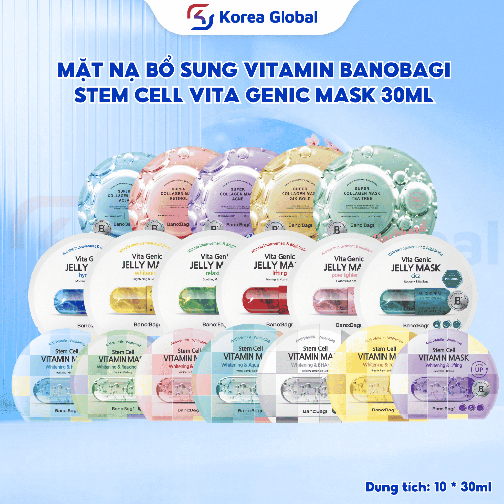 [Hộp 10 Miếng] Mặt Nạ Giấy Banobagi Stem Cell Vitamin Mask 30ml – Dưỡng Ẩm & Trắng Da, Phục Hồi Làn Da Tươi Sáng