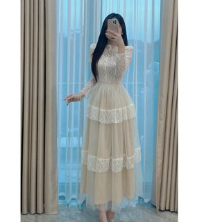 Váy ren hoa tay dài tiểu thư tùng bồng bềnh cao cấp nhẹ A040