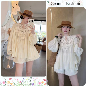 Đồ bộ nữ mặc đi chơi thiết kế áo kiểu tay phồng thêu ren hoa ngực kèm quần short ngắn vải đũi tơ HCOM27292
