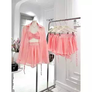 SET 3 MÓN ÁO SƠ MI PHỐI BRA VÀ QUẦN SHORT MÀU HỒNG, SET ĐỒ NỮ SEXY | MEOINDAHOUSE