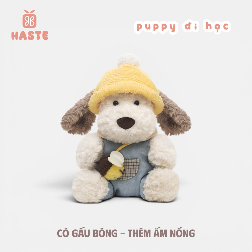Gấu Thú Bông Puppy Cún Chó Đi Học Nón Vàng Bận Yếm Đeo Vòng Cổ Con Ong Quà Tặng Độc Đáo Lông Xù Siêu Mềm Mịn Dễ Thương